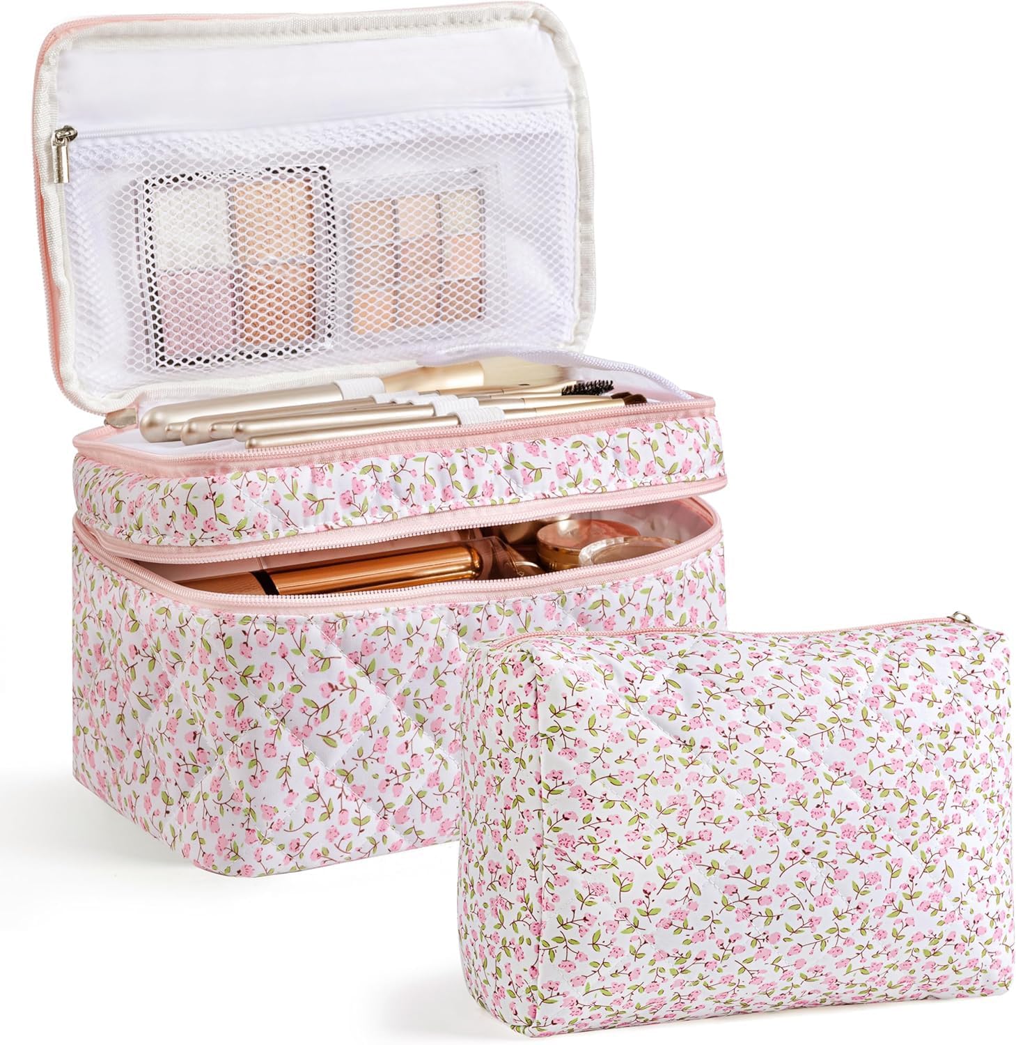 HBselect 2Pcs Travel Makeup Bag, Large Cotton Quilted Makeup Bag Cosmetic Bag Cute Make up Bag Toiletry Bags for Women Girls