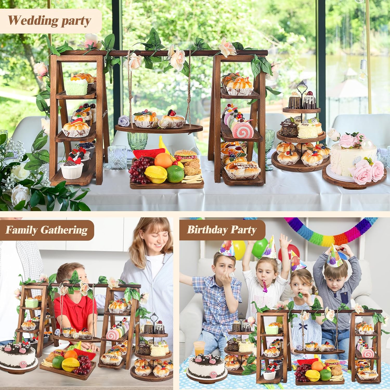 4 Pack Wooden Cake Stand Set 3 Tier Swing Cupcake Stand with Floral Decor, Square & Round Trays, Foldable Ladder Display for Cakes, Snacks, Fruit, Bread, Party & Catering Use