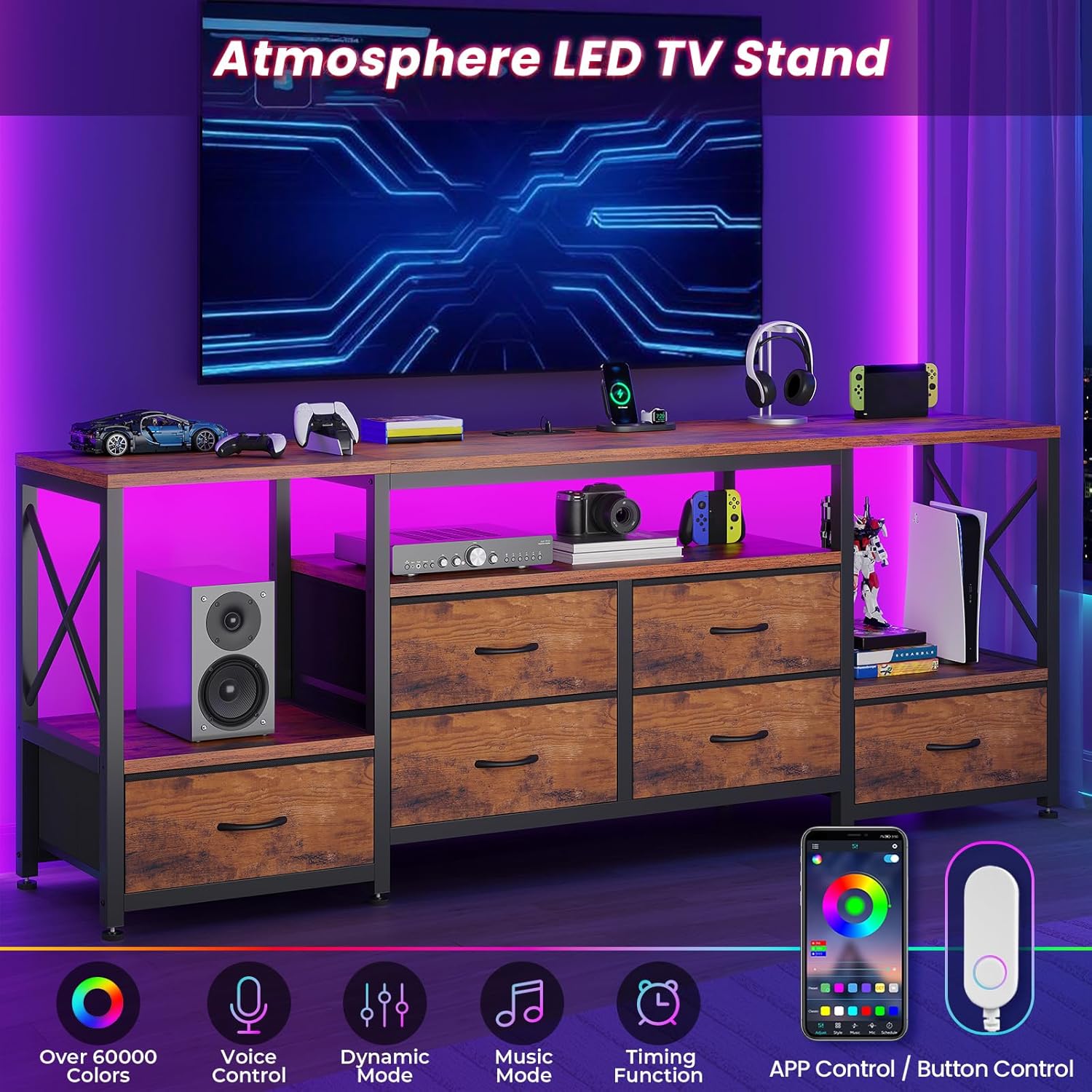 TV Stand for 75 Inch TV, Entertainment Center with LED Light & Power Outlets,63" Industrial TV Console Table with 6 Fabric Drawers & Open Shelves for Living Room, Bedroom, Rustic Brown