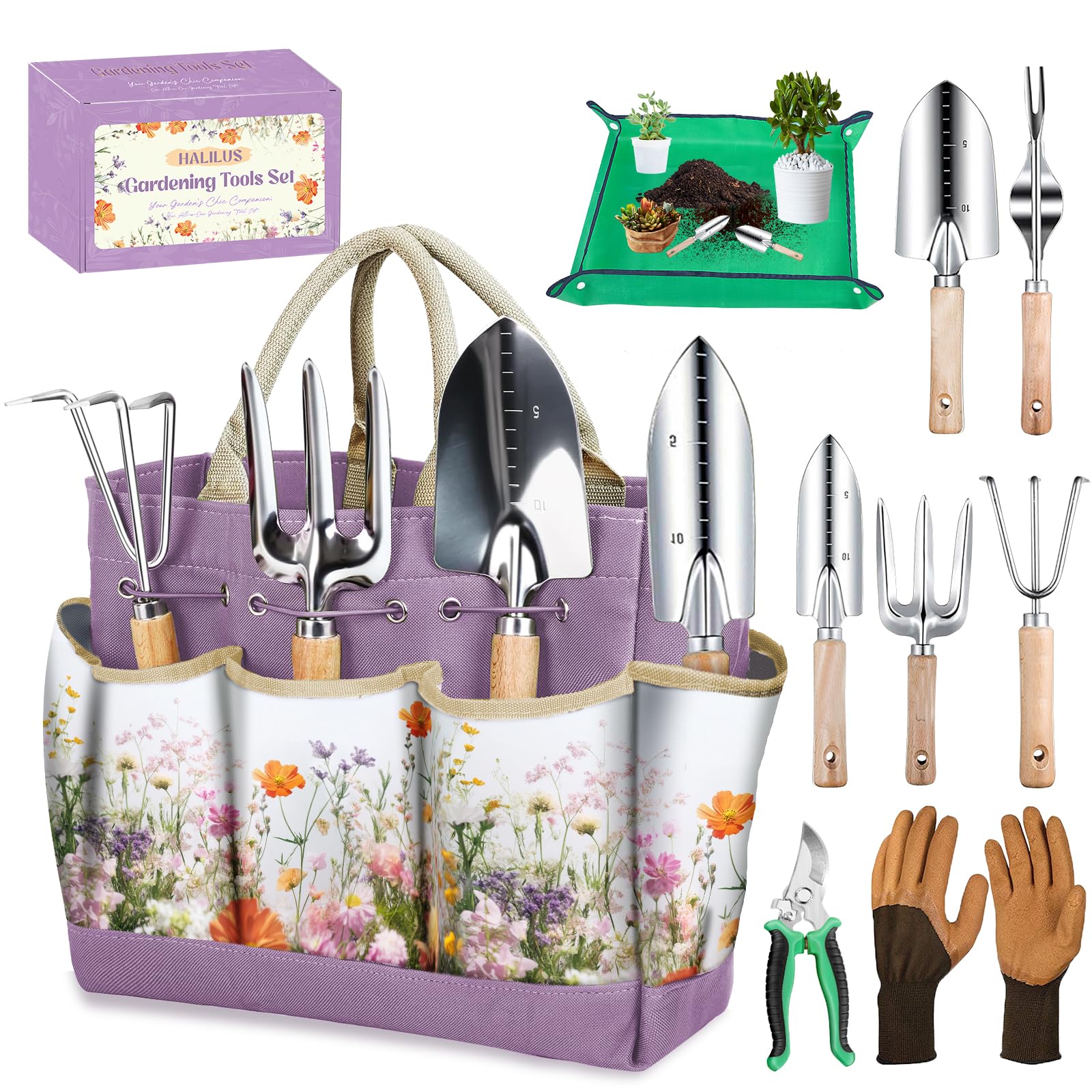 Gardening Tools 9-Piece Heavy-Duty Garden Tools Set, Stainless Steel Garden Hand Tools with Purple Floral Tote Bag and Repotting Mat – Gardening Essentials and Gifts for Women