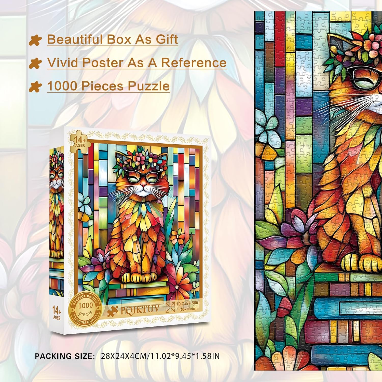 1000 Piece Adult Puzzle, Stained Glass Cat with Sunglasses, Jigsaw Puzzles with Letters on Back Impossible Challenging Puzzle, Family Puzzle Decoration Challenging Puzzles (27.56x19.7 Inch)