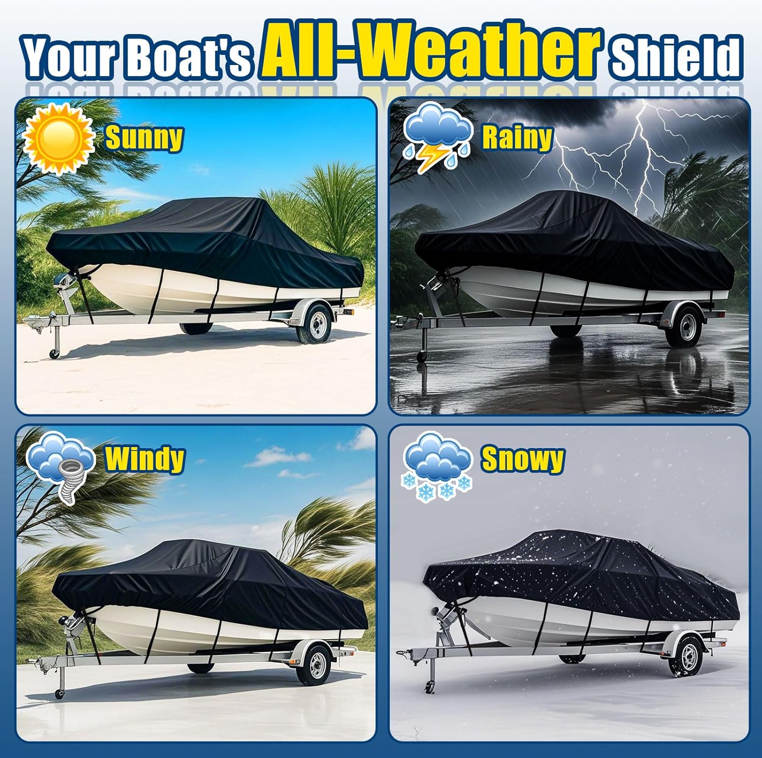 Heavy Duty 1200D Boat Cover, Waterproof & UV Resistant, Fits 14-16 FT X 90" Beam Width V-Hull, Tri-Hull, Bass Boats - Trailerable Marine Grade Cover with Adjustable Straps for All-Weather Protection