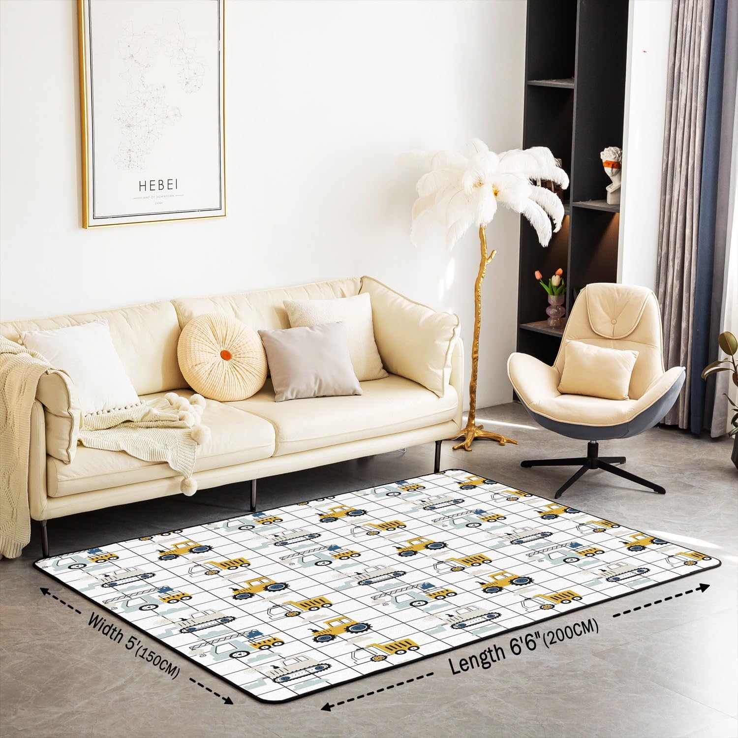 Tappeto da costruzione 150 x 200 cm, set di tappeti decorativi per bambini, per ragazzi e ragazzi, veicoli da costruzione, soggiorno, escavatore, trattore, quadri, griglia bianca, tappetino per