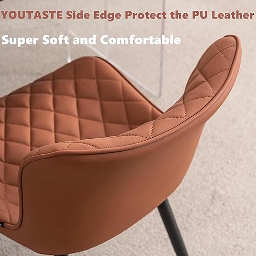 Miniatura 7 de YOUTASTE Mid-Century - Juego de 2 sillas de comedor modernas de piel sintética marrón café con patas de metal negro, para sala de estar, habitación
