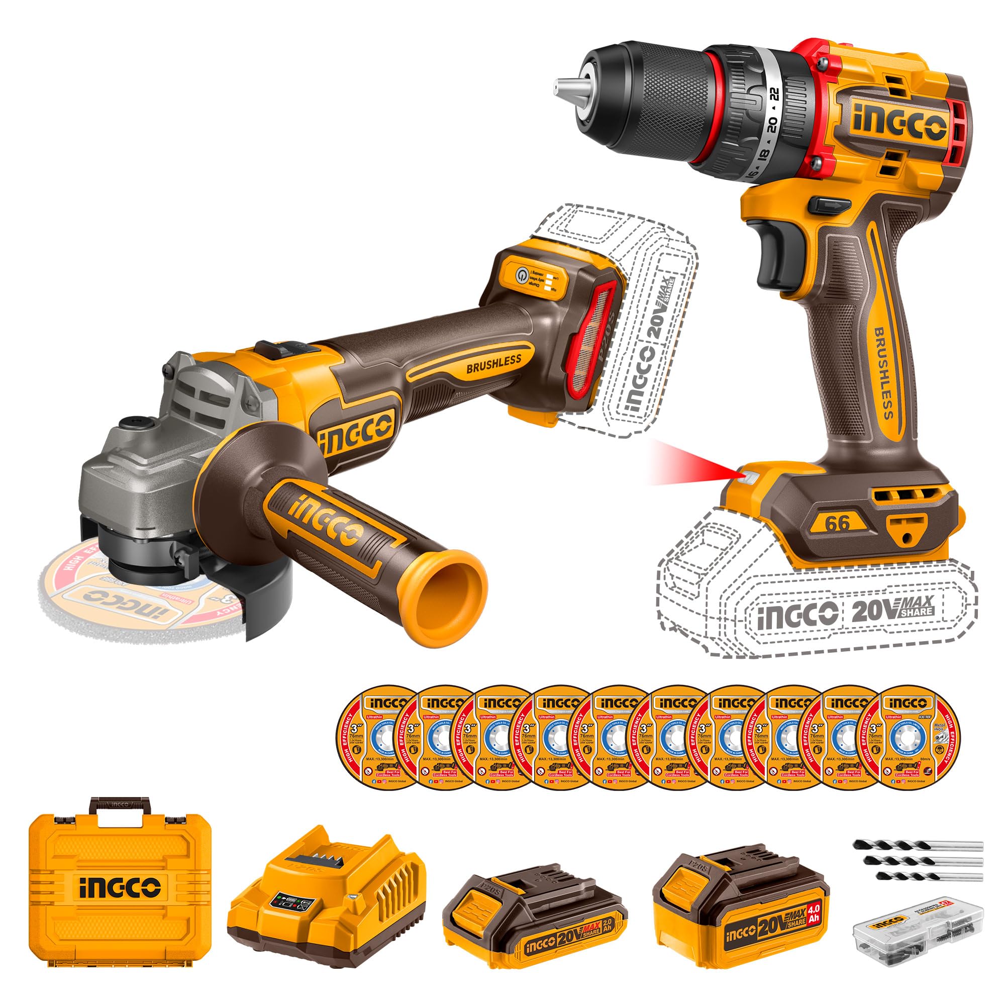 INGCO Cordless Angle Grinder & Cordless Drill Combo Kit, Brushless Motor, With 2 Batteries & Charger, With 10 PCS Cutting Discs, With 47 PCS Drill Bits Set (B0DCZG3F2R) Amazon Price History, Amazon Price Tracker