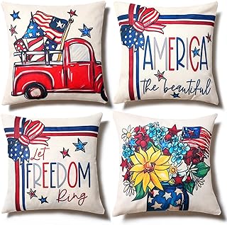 Hongsome 4th of July Decor-Throw Pillow Covers 18x18in set of 4,Patriotic Linen Pillow Case for Independence Day,Memorial ...