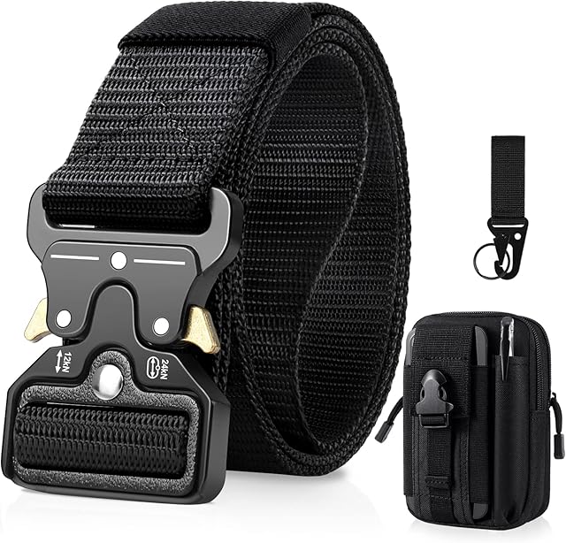 BESTKEE Men Tactical Belt 1.5 Inch Heavy Duty Belt, Nylon Military Belt with Quick-Release Metal Buckle, Gift with Tactical Molle Pouch and Hook