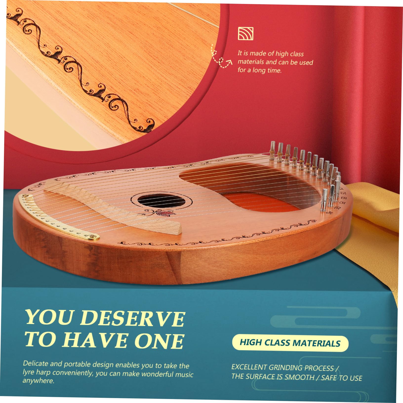 Gatuida Lyra Arpa in Legno e Effetto Sustain Prolungato Lira Strumento Musicale Portatile 16 Corde Superficie Liscia per Principianti e Musicisti