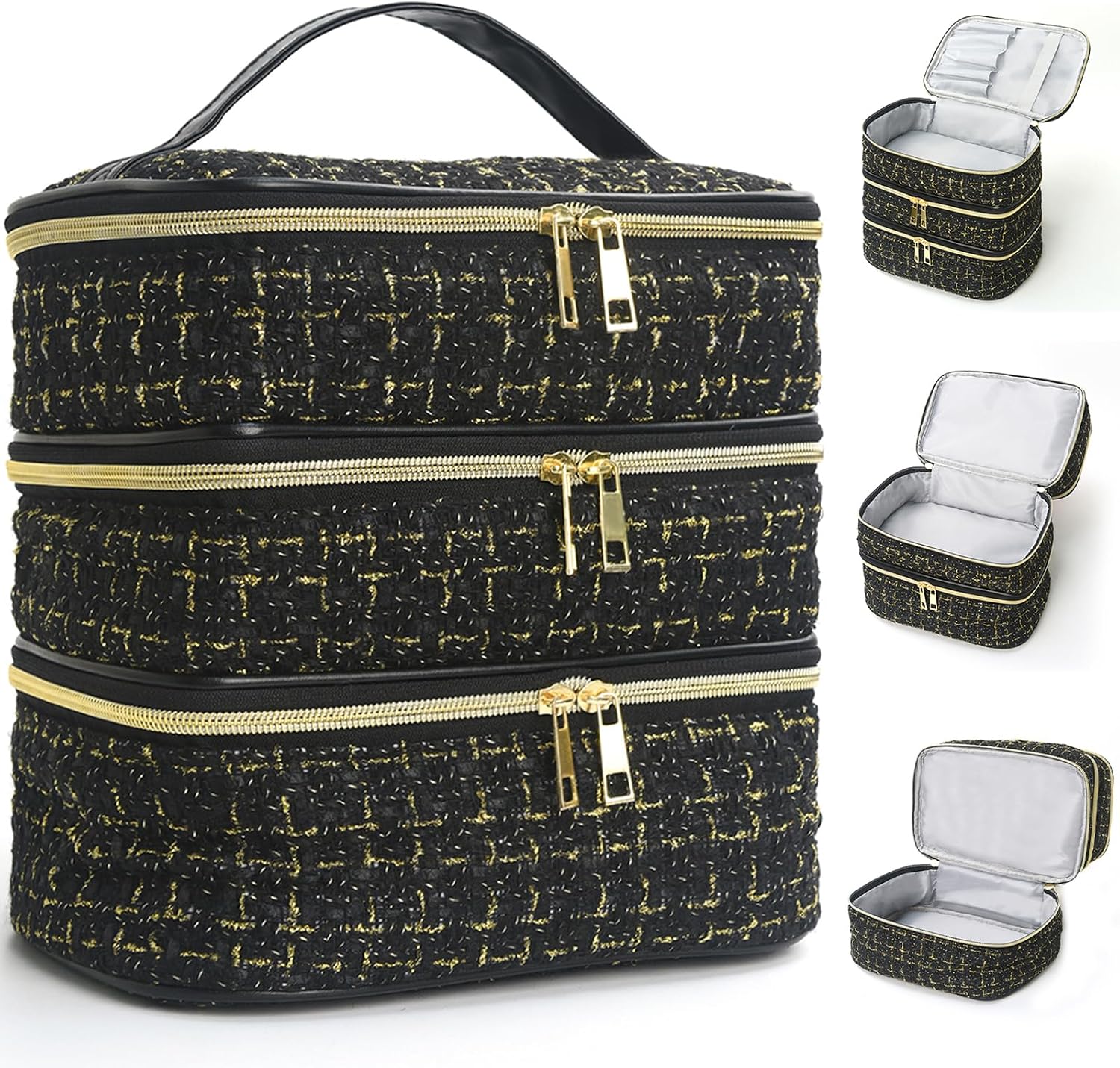 Travel Makeup Bag for Women Three Layer Large Cosmetic Case Water-resistant Toiletry Bag Organizer for Store Toiletries Cosmetic Accessories and Manicure Sets Gold Black