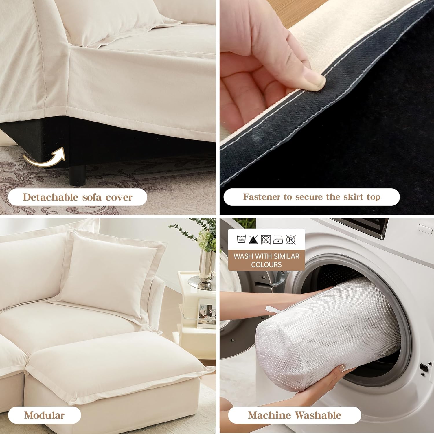 120" L-Shaped Modular Sectional Sofa Slipcovered, Oversized Cloud Couch with Removable Covers, 3-Seater Sofa Couch with 1 Movable Ottoman, Spacious Living Room Furniture (Cream,Chenille) | Slipcovered