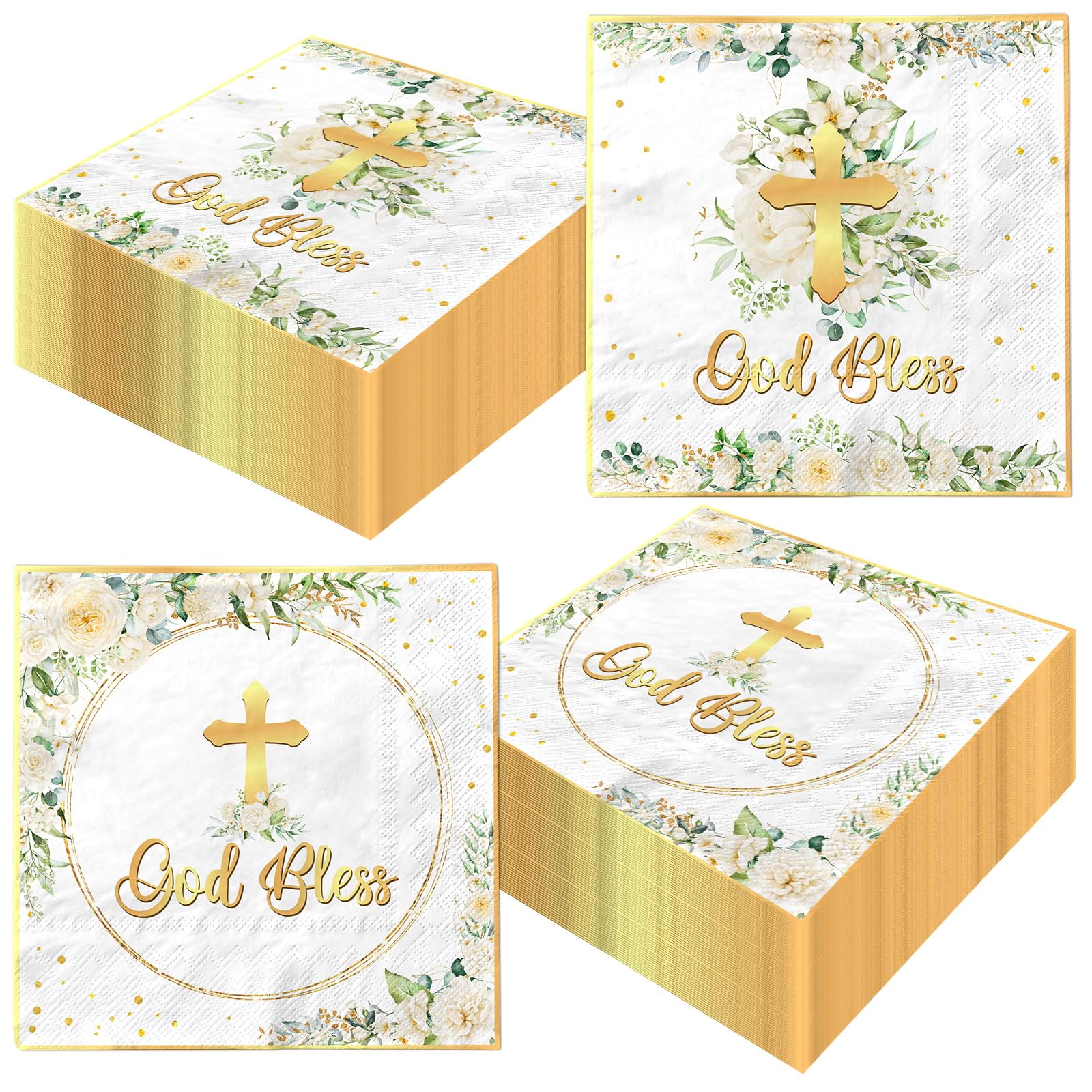 40pcs Floral God Bless Napkins Baptism Decorations for Girl Baptism Paper Napkins Religious Disposable First Communion Holy Christening Party Supplies