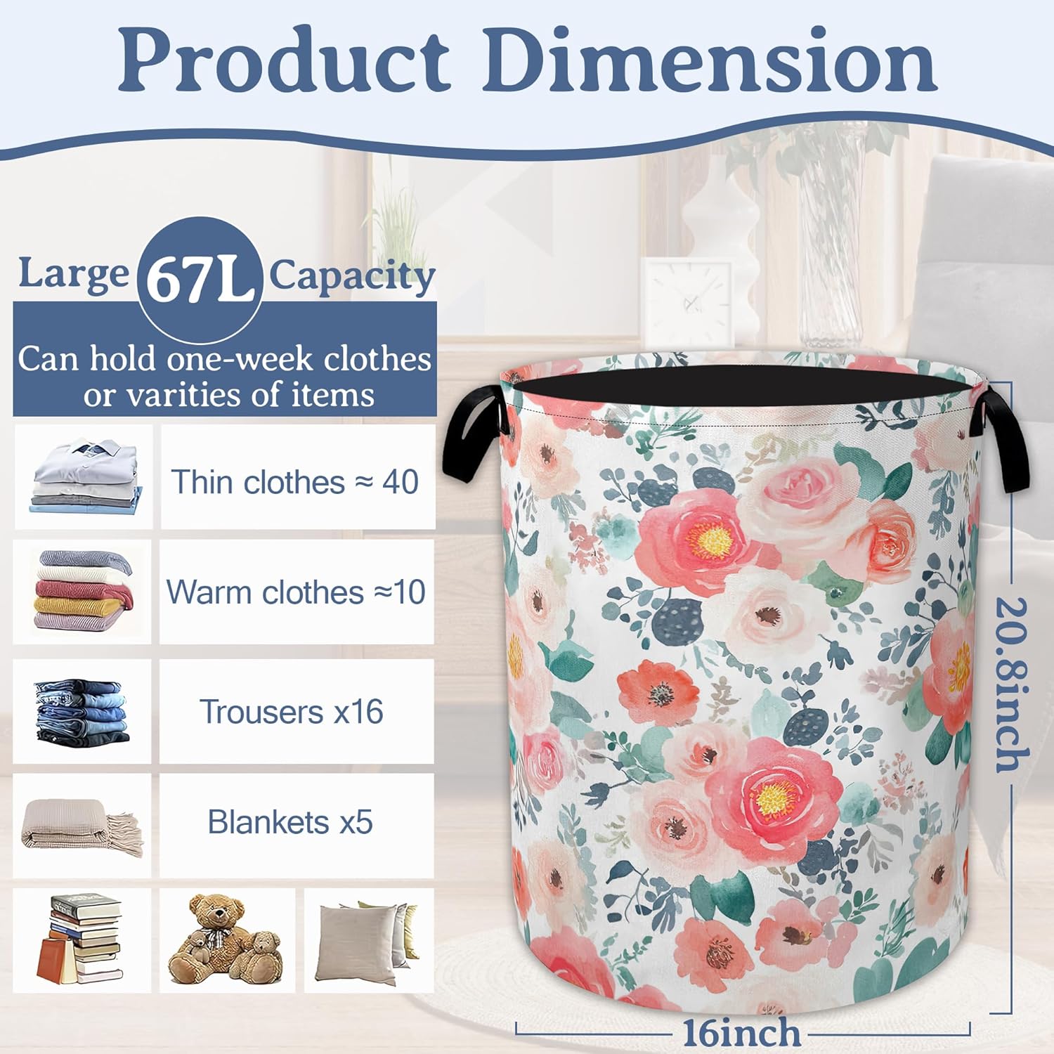 Pink Flowers Laundry Basket,Foldable Waterproof Oxford Cloth Tote Bag Cactus Laundry Hamper with Handles,20.8"x16" Clothes Storage Bucket Organizer for Laundry Room, Bathroom, Bedroom