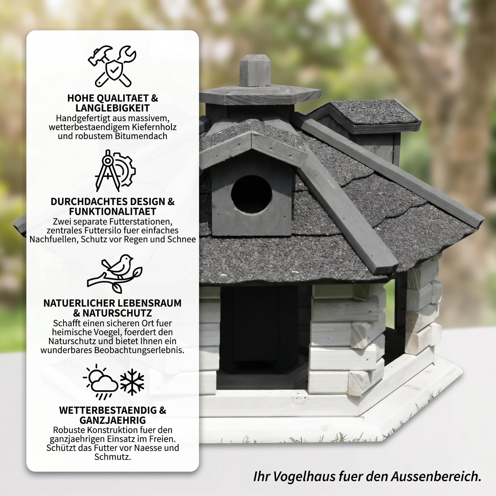 Mucola Vogelfutterhaus Vogelhaus 6-eckig mit Futtersilo 48 cm Weiß Grau | Wetterfest für ganzjährige Fütterung, Montage an Baum, Pfosten oder Wand, für Meisen, Finken und Spatzen, leicht zu reinigen