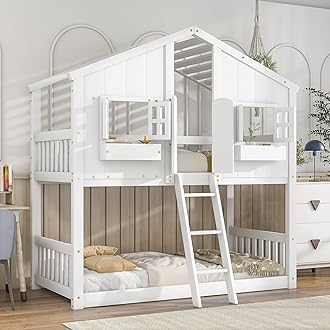 Bellemave House Bunk Beds Twin Over Twin Bunk Bed Frame with Ladder, Kids Playhouse Bunk Bed with Roof, Window, Door, Floor Bunked Frame for Boys Girls Teens, White