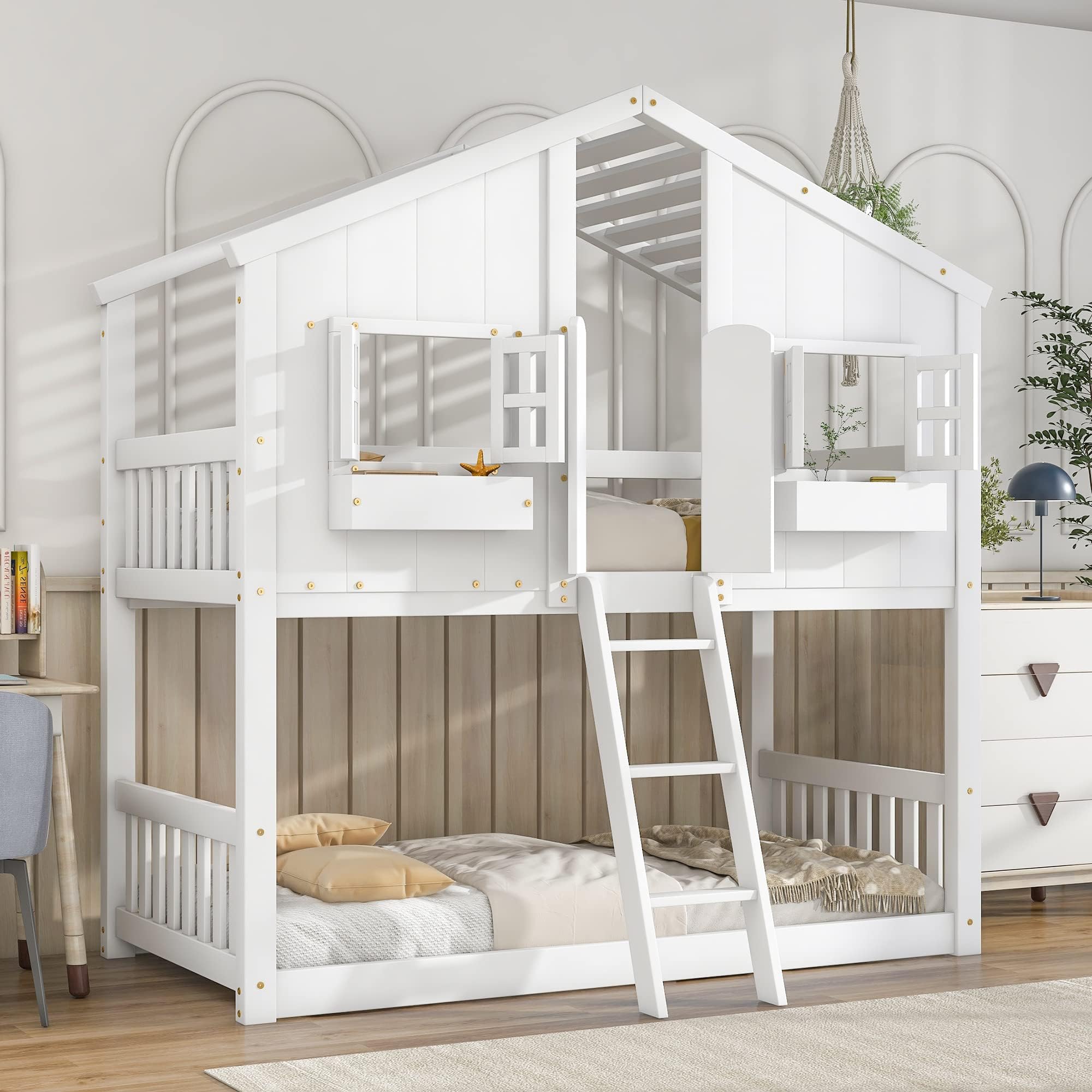 Bellemave House Bunk Beds Twin Over Twin Bunk Bed Frame with Ladder, Kids Playhouse Bunk Bed with Roof, Window, Door, Floor Bunked Frame for Boys Girls Teens, White