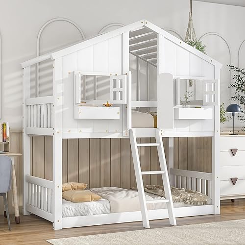 Moimhear Twin Over Twin House Bunk Bed with Roof