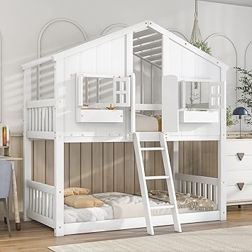 Harper & Bright Designs House Bunk Bed Twin Over Twin for Kids, Wood Bunk Beds with Roof, Windows, Window Box and Small Door, Floor Bunk Beds with Ladder and Guard Rails for Girls Boys, White