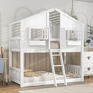 Twin Over Twin House Bunk Beds with Window Door & Roof, Solid Wood Playhouse Bunk Bed w/Window Box & Ladder,No Box Spring Needed & Space Saving for Boys and Girls, White