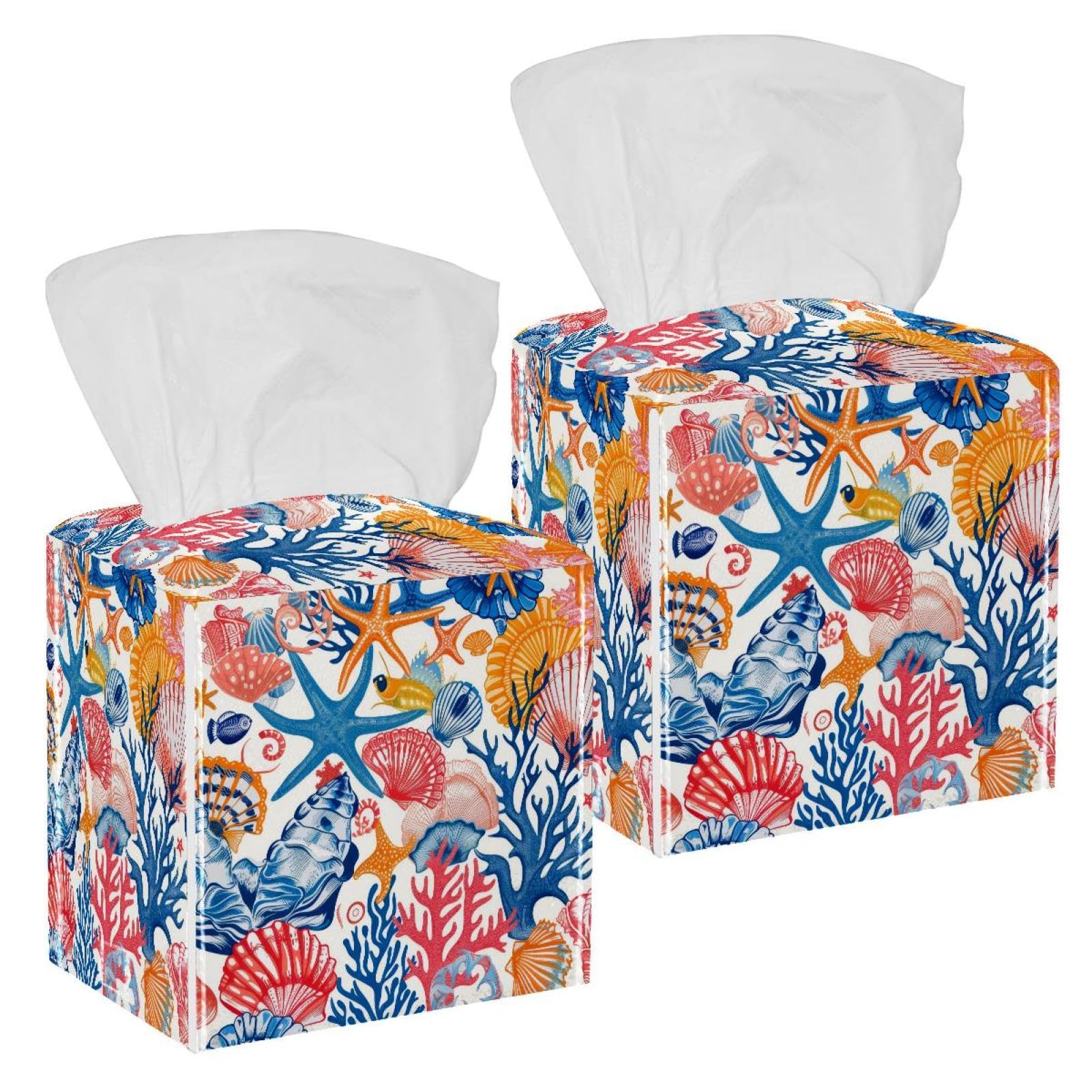 Colorful Seashells Starfish Tissue Box Cover, 2 Pack PU Leather Square Facial Tissue Dispenser Box holder for Home Office Car