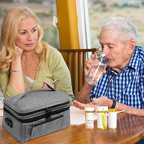 Miniatura 9 de Bolsa de medicina para viajar con bolsa pequeña portátil, organizador de botellas de píldoras de doble capa con cremalleras bloqueables, funda de
