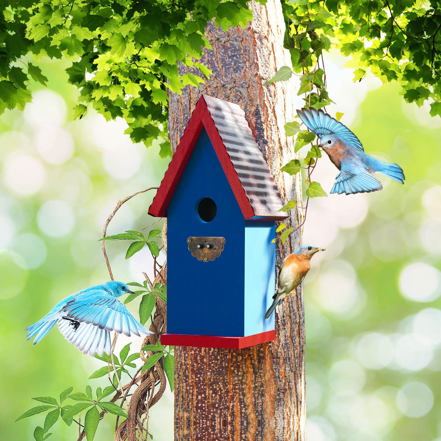 CEDAR ALPHA Premium Cedar Bluebird House for Outside, Gothic Style Rustic Metal Roof Nest Box Garden Outside Vintage Color (Color : Blue)