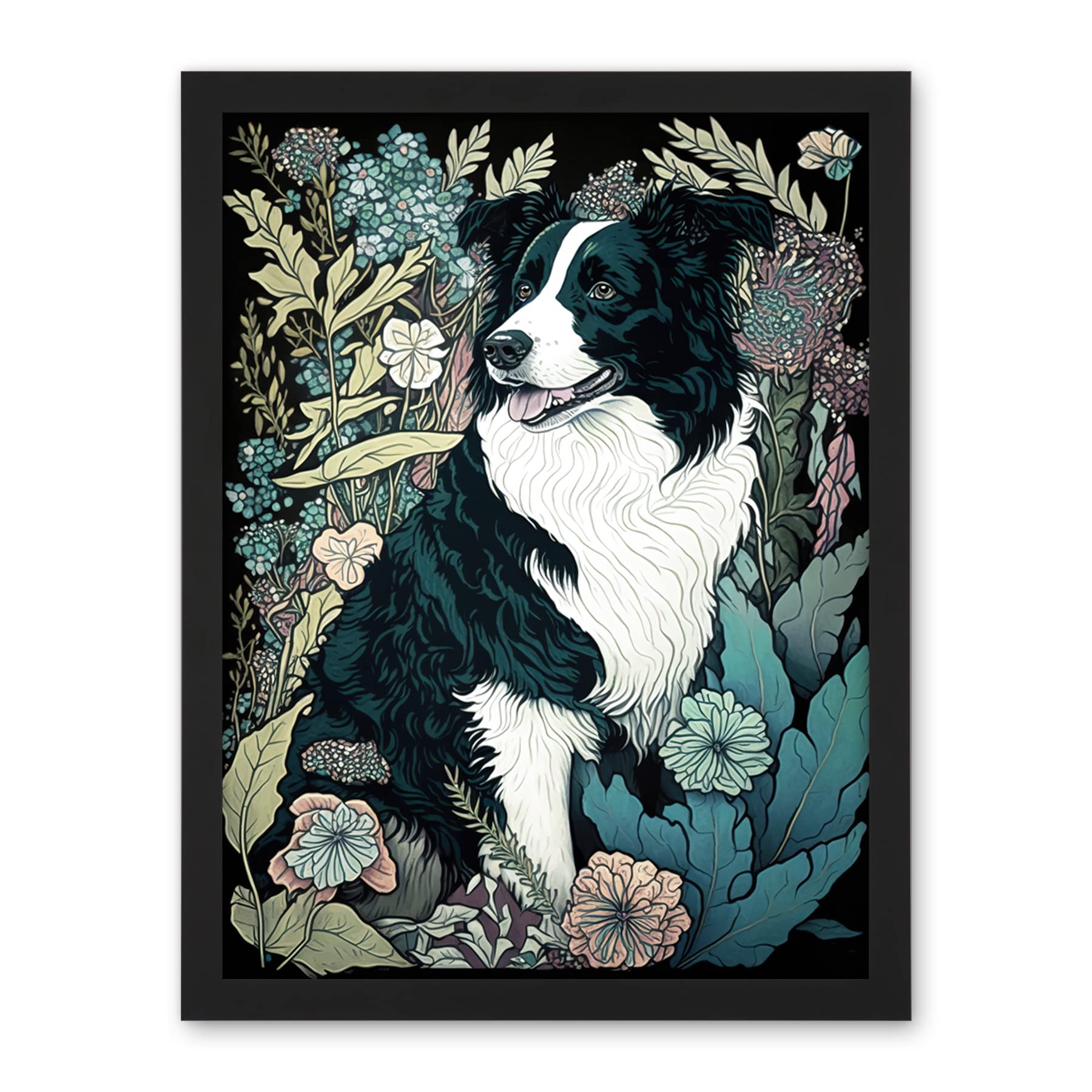 Artery8 Border Collie Dog in Wildflower Field Modern Illustration Artwork Framed Wall Art Print 18X24 Inch