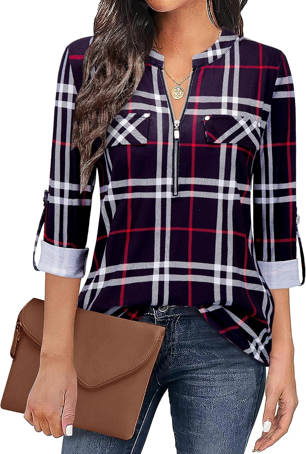 Bulotus Women's Zip Front V-Neck 3/4 Sleeve Tunic Casual Top Black Plaid X-Large