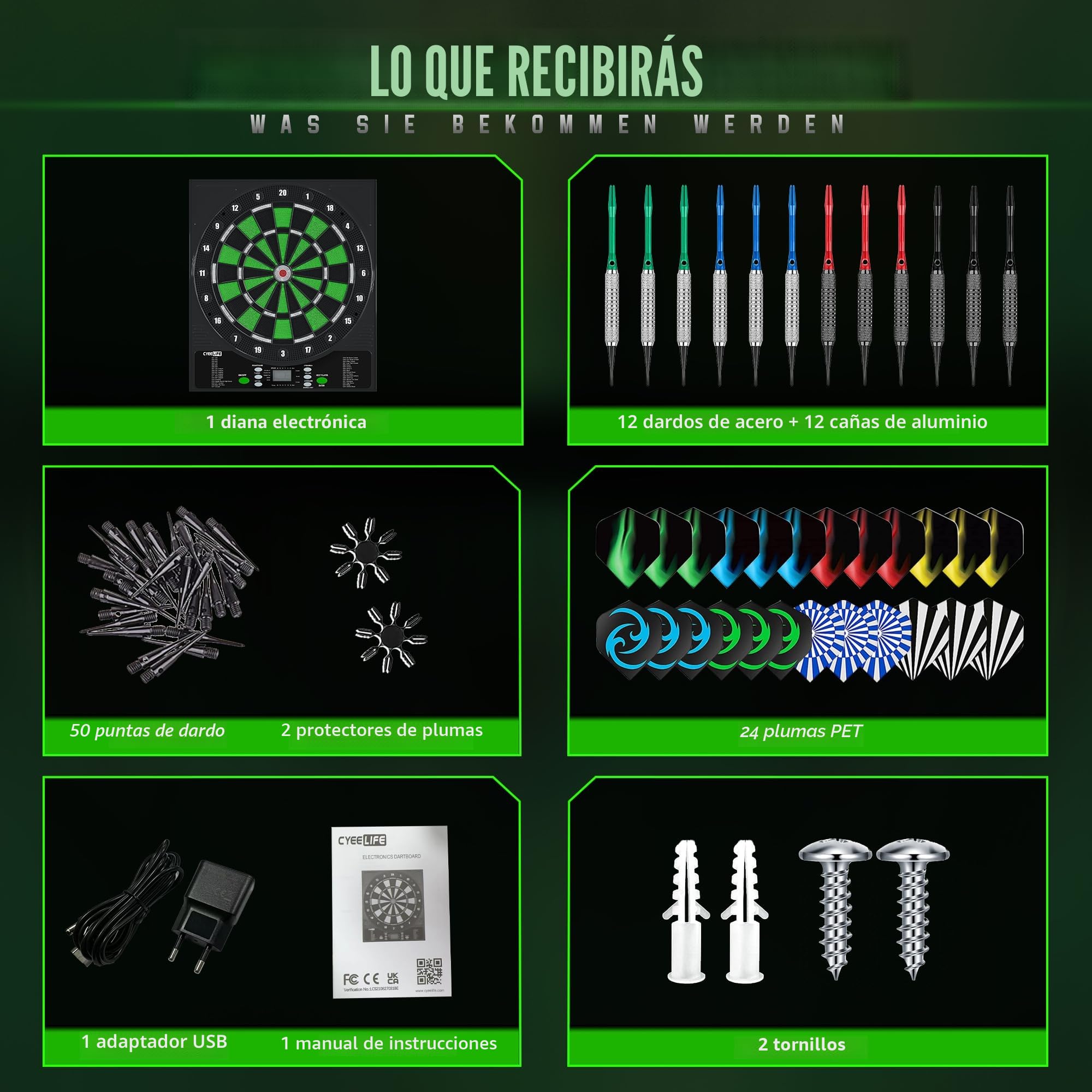 CyeeLife Diana Electrónica Profesional con 12 Dardos, 24 Plumas, 50 Puntas, 2 Protectores de Plumas, 34 Juegos 355 Variantes para 1-8 Jugadores