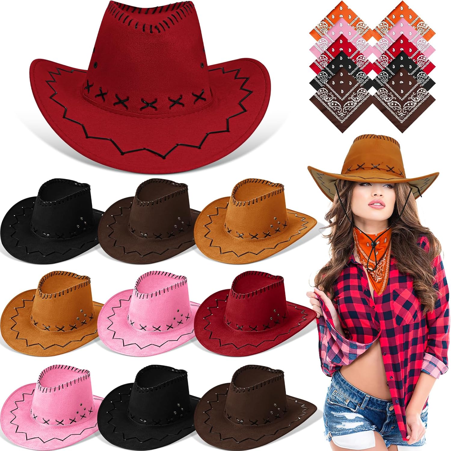 10 Pack Cowboy Hats with Bandanas Bulk - Multicolor Western Cowboy Hats for Women Men, Rodeo Theme Costume Accessories