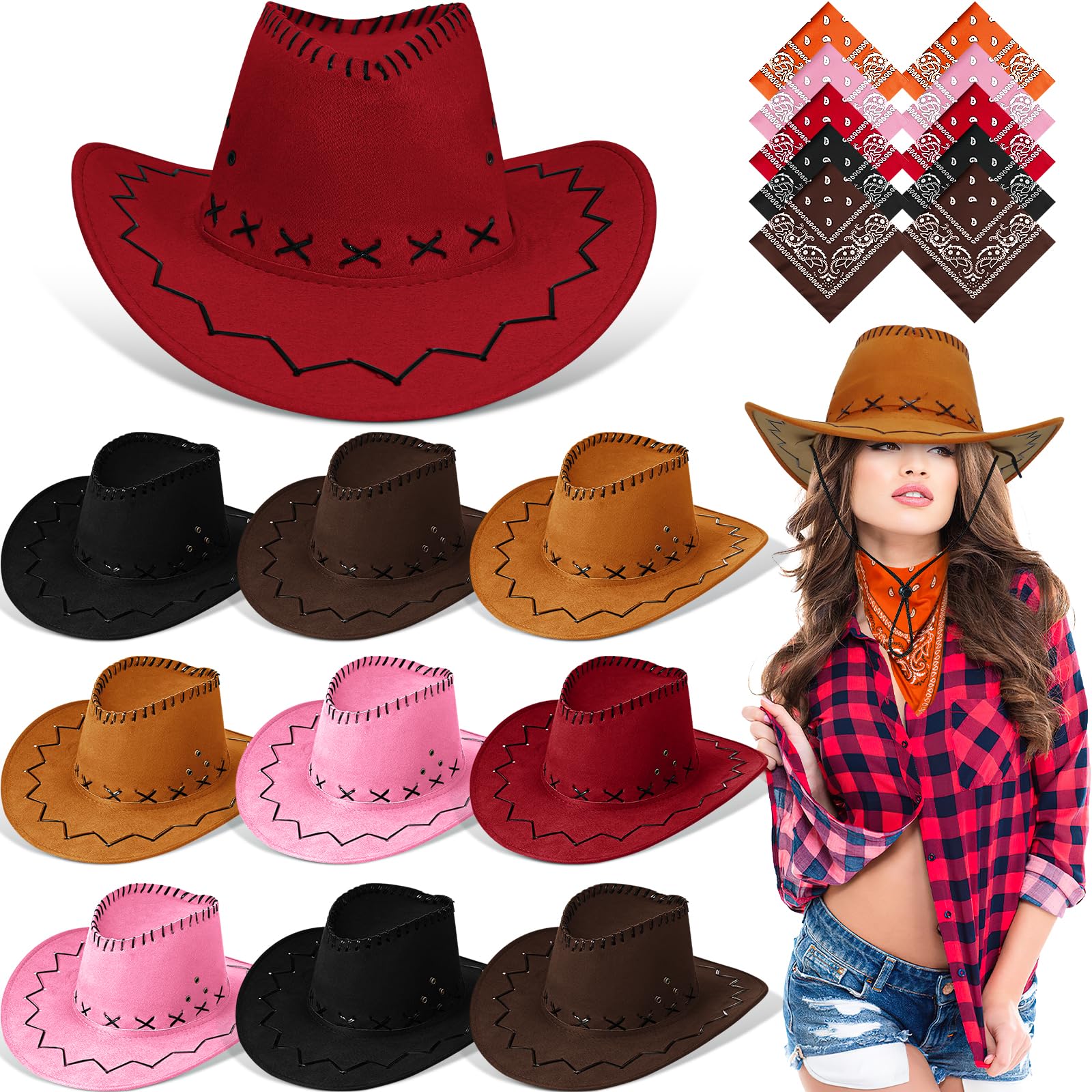 MALLOOM 10 Set Cappello da Cowboy e Bandana per Donne e Uomini, 10 Cappelli da Cowgirl Cowboy, 10 Bandane Western, Accessori per Costume Adulto per Festa a Tema