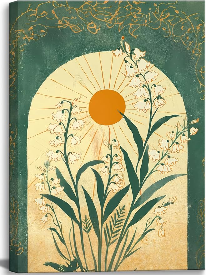 Framed Lily Of The Valley Wall Art Emerald Green Botanical Canvas Wall Decor Mystical Folk Sun Taurus Sign Flowery Spiritual Pictures Prints Posters for Living Room Office Ready To Hang 12x16in