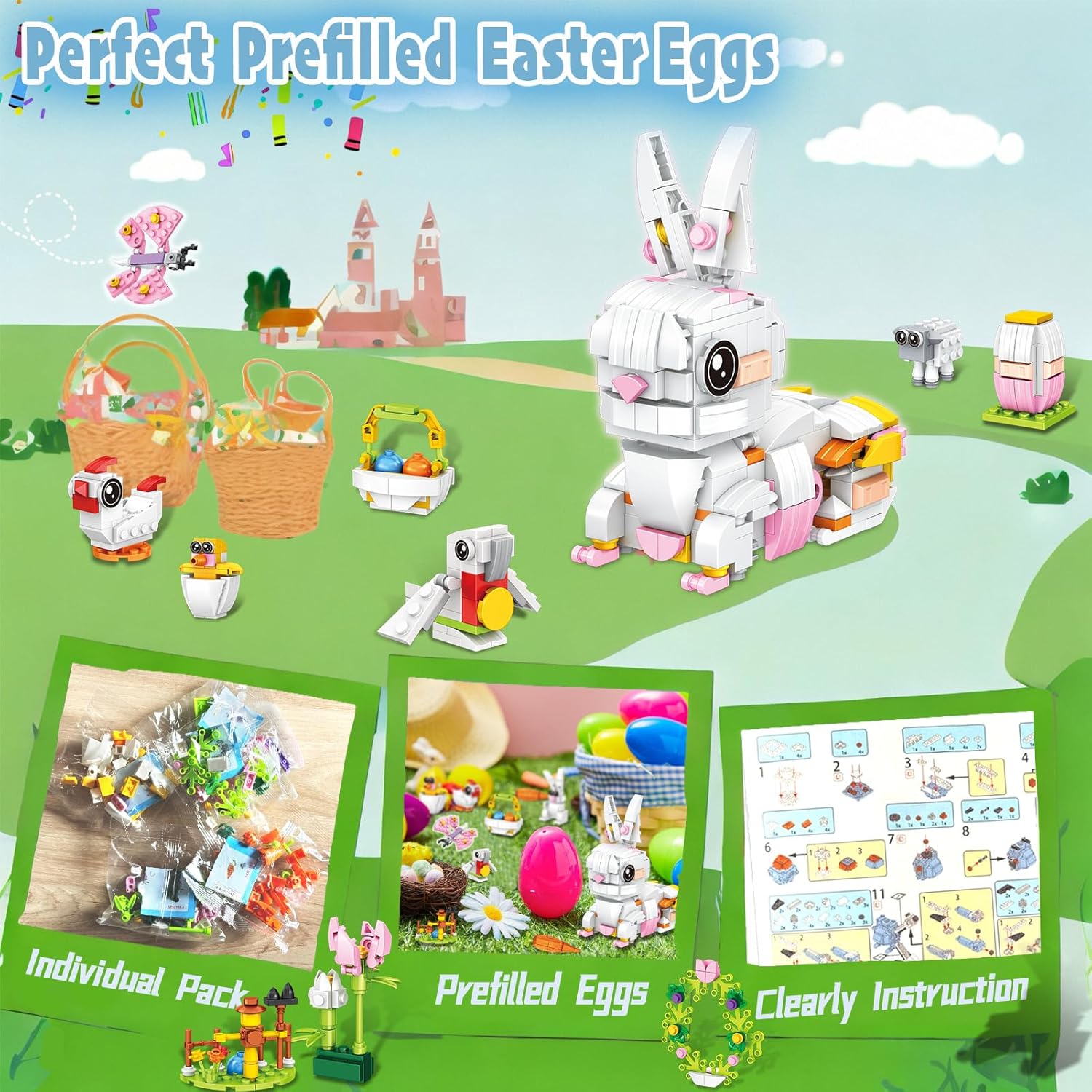 12 PCS Prefilled Easter Eggs with Bunny Building Toys, Easter Basket Stuffers Gifts for 3-8 Year Old Kids Toddlers, 12 in 1 Rabbit Building Blocks Sets, Party Favors Classroom Prize Supplies