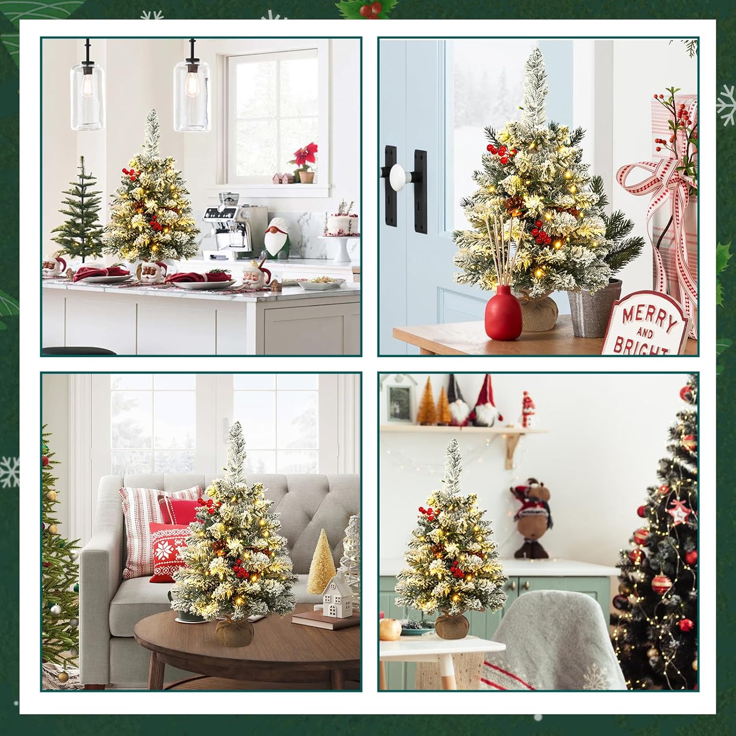 Uten Christmas Tree Flocking Snow Small, Round Pine Cones/red Fruits, 50 LED Waterproof Battery Box with Cement Base Mini Christmas Tree Christmas Decorations for Home, Office, Party