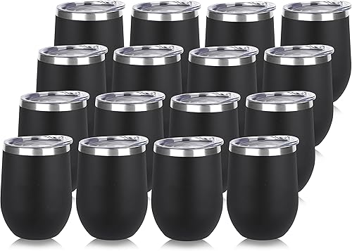 DOMICARE - Juego de 16 vasos de vino de 12onzas con tapa, hechos de acero inoxidable con aislamiento al vacío de doble pared, color negro