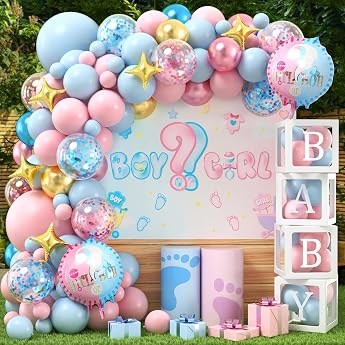 vamei Gender Reveal Party Decoration Baby Shower Decoration with Balloon Box Balloon Garland Blue Pink Boy or Girl Gender Reveal Balloon Baby Boxes Baby Shower Decoration Pack of 122