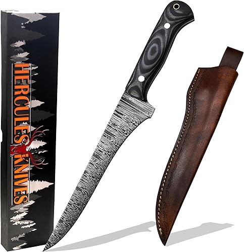 Miniatura 9 de Hercules Knives Cuchillo de filete de acero de Damasco forjado a mano personalizado Cuchillo de pesca G-10 Micarta Handlle Funda de cuero Hoja fija