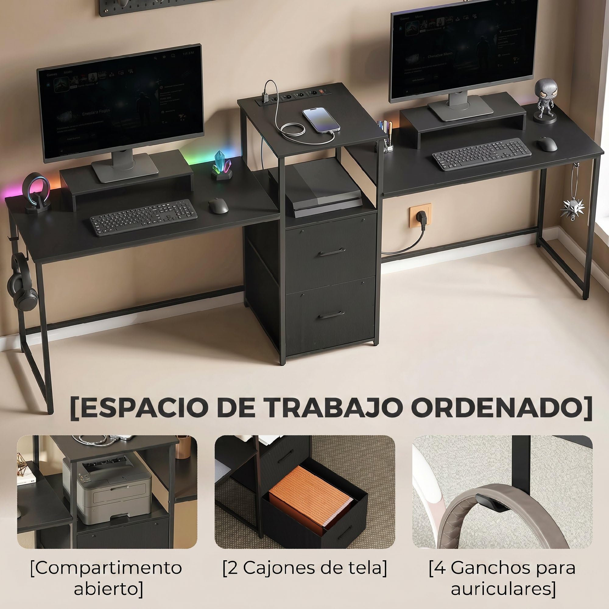 HOMCOM Mesa Gaming Doble Extralargo 244 cm con Estación de Carga Negro | Mesa Gamer, Escritorio Doble, Puertos USB, Soportes para Monitor, Cajones de Tela, Ganchos para Auriculares