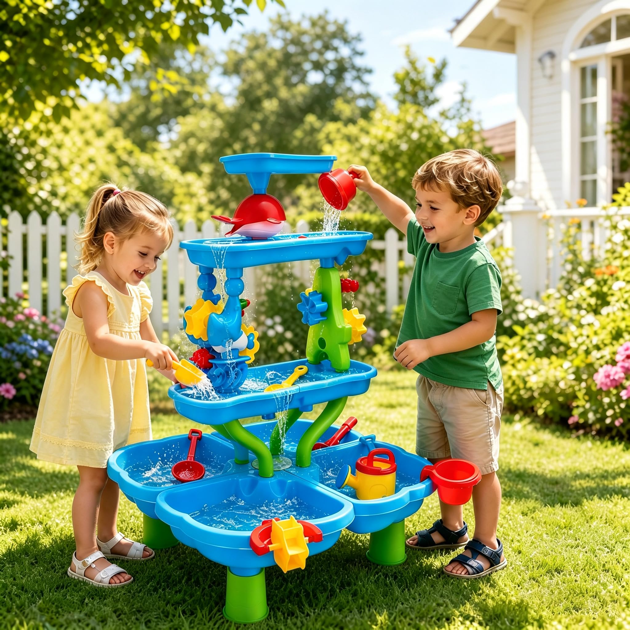 Mesa de juegos acuáticos para niños al aire libre, mesa grande de agua de 4 niveles, mesa de arena y agua para jardín, exterior y playa, juego de actividades con accesorios de juguetes de