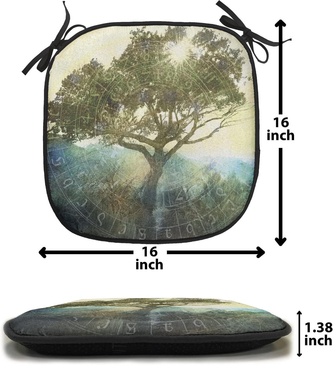 Lunarable Tree of Life Chair Cushion Pads Set 12, Sun Beaming Through Tree Astrology Chart Bohemian Style Print, Anti-Slip Seat Padding for Kitchen & Patio, 16"x16", Green Yellow Blue