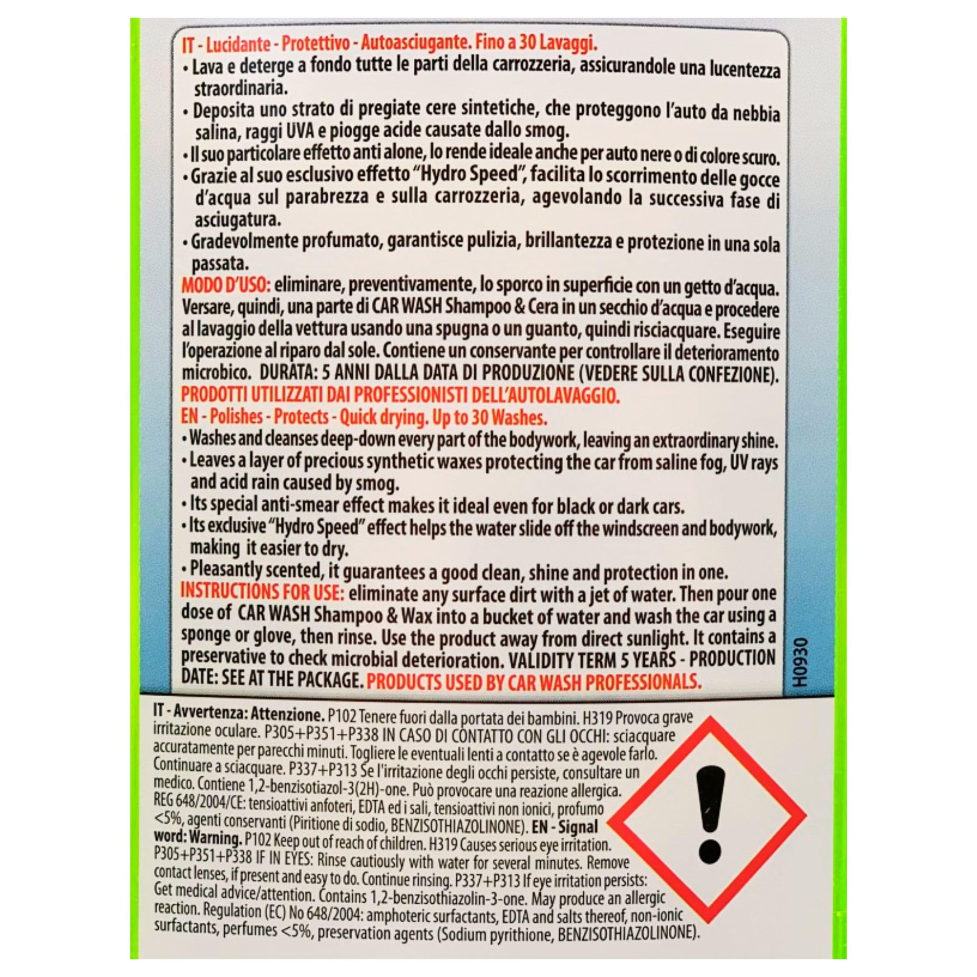 2x Shampoo e Cera Auto CAR WASH. Lucidante, Protettivo, Autoasciugante. Fino a 30 Lavaggi 1000ml