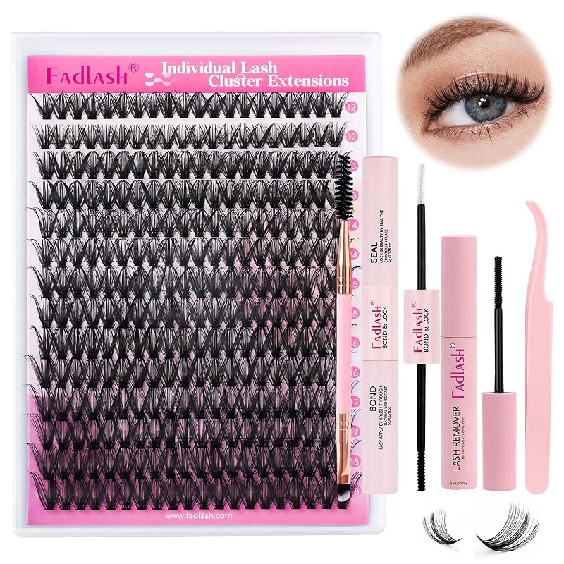 Kit de cílios em tufos FADLASH 40D com curvatura D, cola, removedor e pinça, 12–18 mm