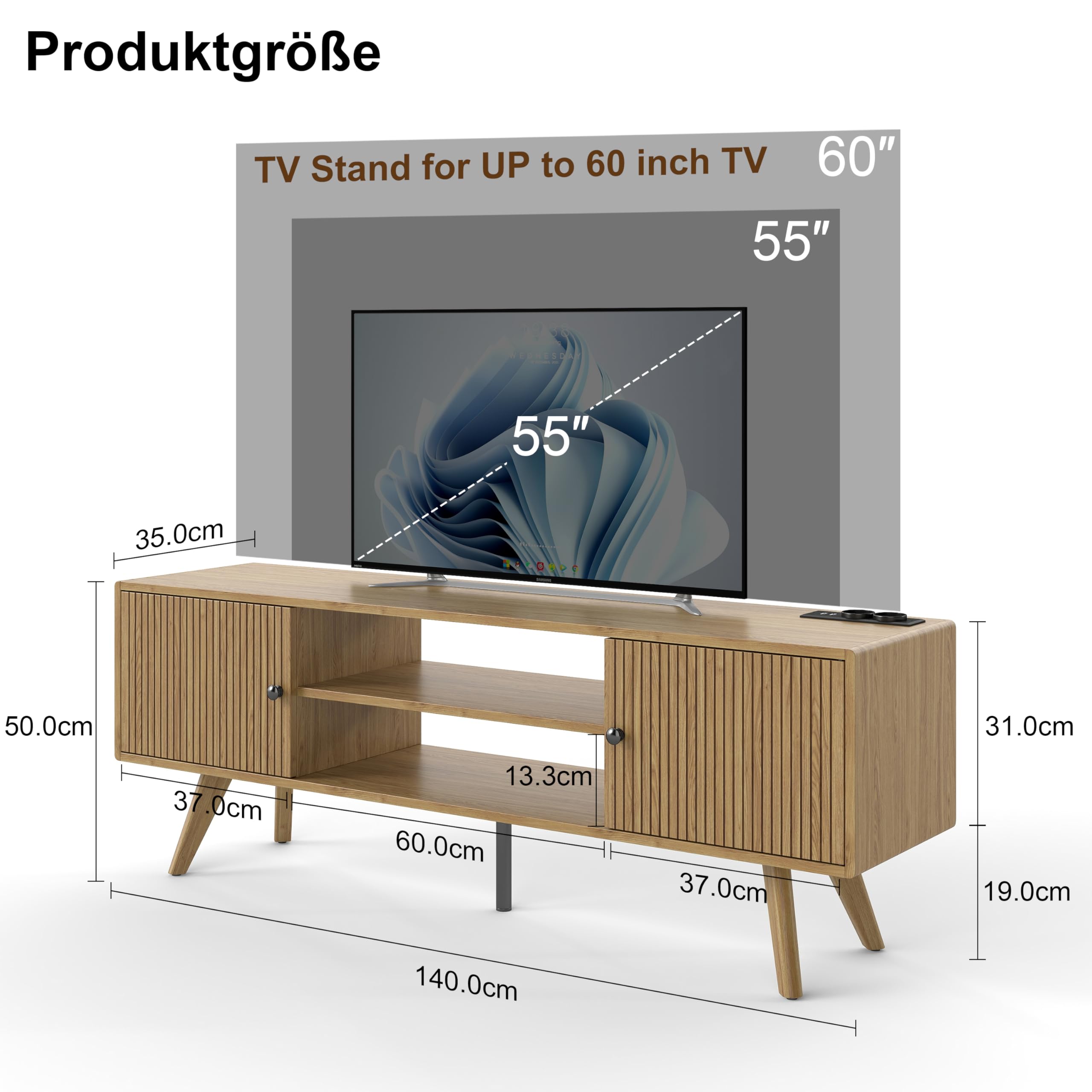 TV Schrank Holz 140cm lang – Lowboard Stehend mit 2 Staufächern & 2 Offenen Regalen, TV Sideboard Wohnzimmer für 60 Zoll Fernseher, Fernsehtisch Holz aus P2-Platte 15cm, Moderner & Landhausstil,Eiche