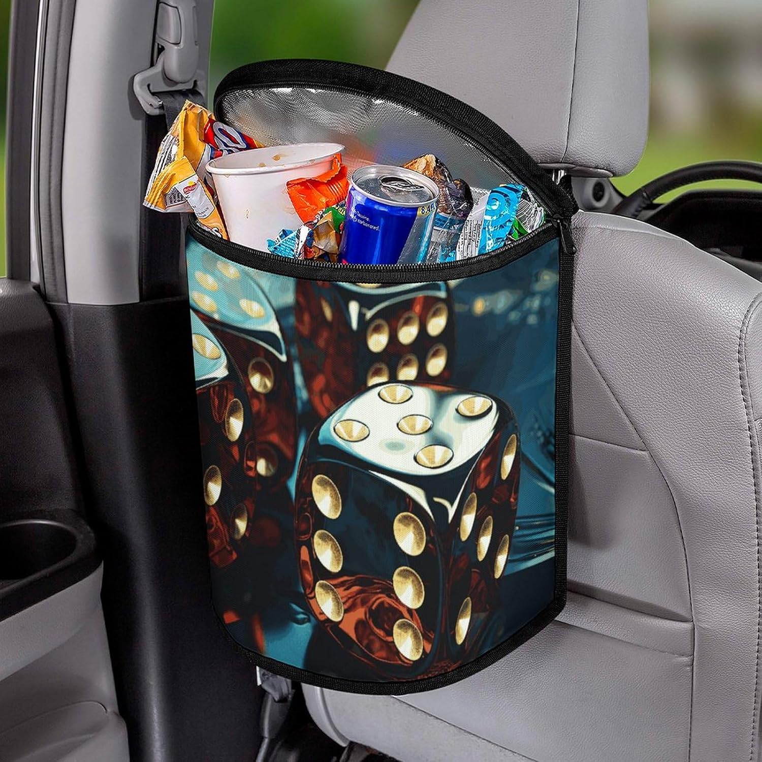 Hanging Car Trash Bag Dice Graphics Printed Car Garbage Storage Bag Leakproof Car Trash Can Portable Garbage Storage Bags
