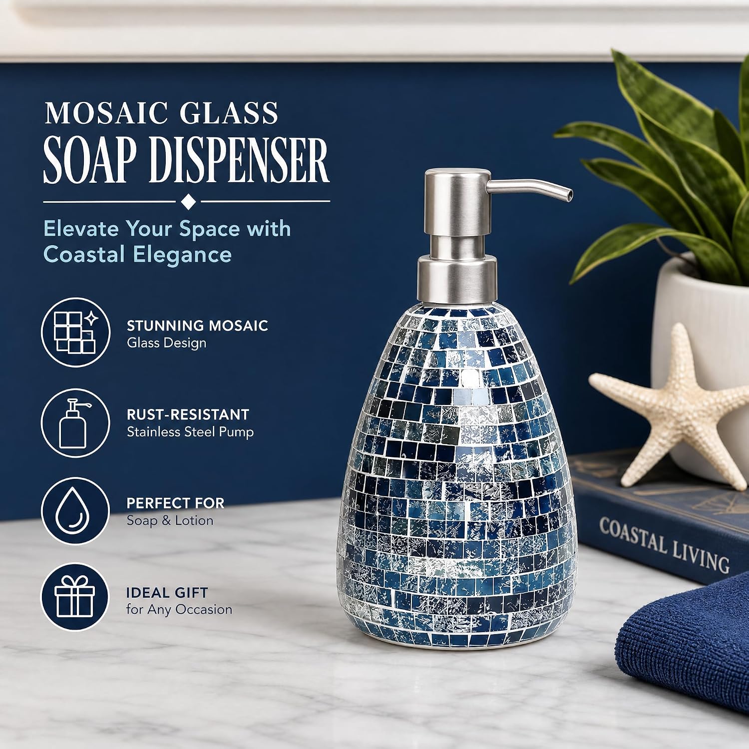 Mosaic Glass Soap Dispenser with Rust-Proof Stainless Steel Pump – 13.5 oz Refillable Liquid Hand Soap Bottle for Bathroom & Kitchen – Leak-Proof, Coastal Decor, Idea image 5
