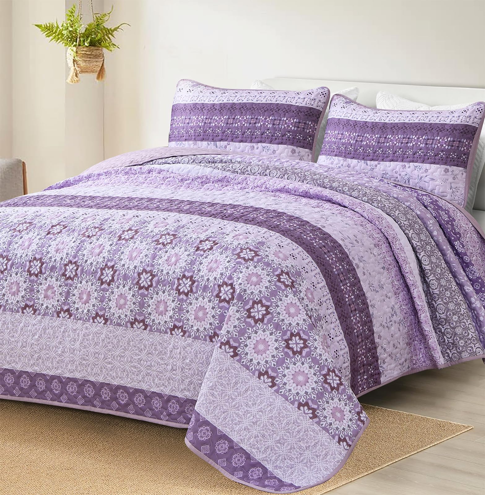 WONGS BEDDING Boho Quilt Queen Set,Purple Bohemian Striped Patchwork Summer Bedspread Coverlet Set with 2 Pillowcases,Lightweight Microfiber Floral Quilt Bedding Set 96"×90"