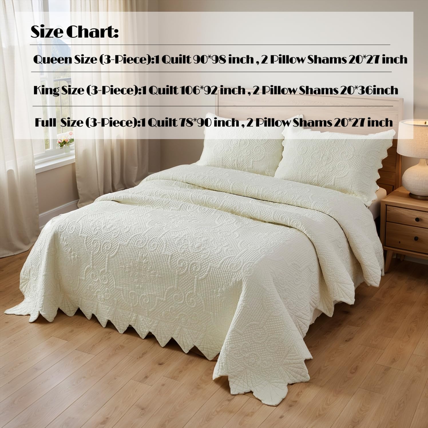Brandream Queen Size Quilt Set Cotton Scalloped Quilt Cream Yellow 3 Piece Vintage Scalloped Edge Quilts | Real Stitching, Breathable Cotton, Scalloped Edge, Vintage Design, All Season Thickness - Image 6