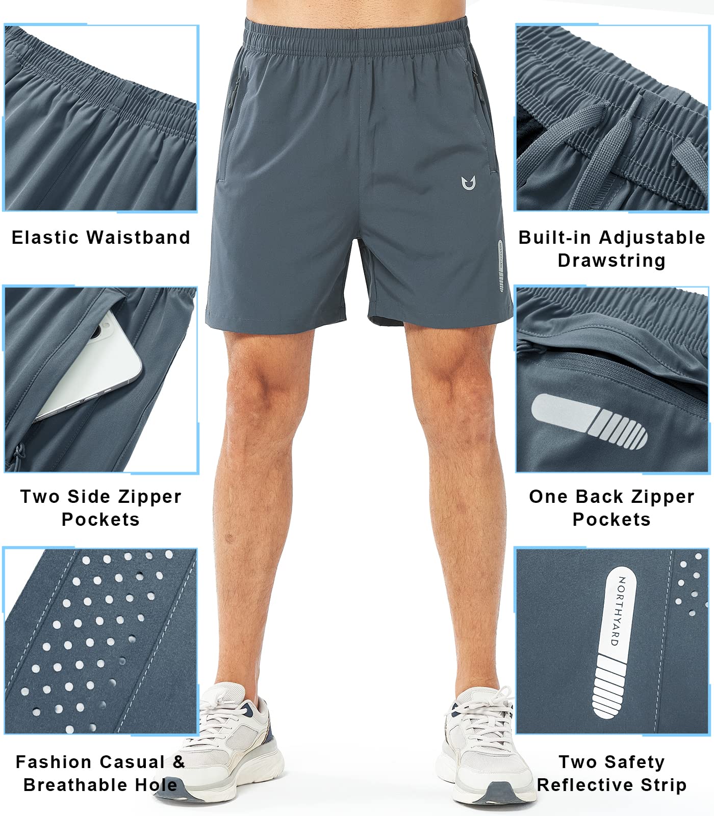 NORTHYARD Męskie sportowe spodenki do biegania szybkoschnące spodenki treningowe 17,8 cm/12,7 cm/23 cm lekkie sportowe spodenki do koszykówki na siłownię piesze wycieczki, Coolgrey, L
