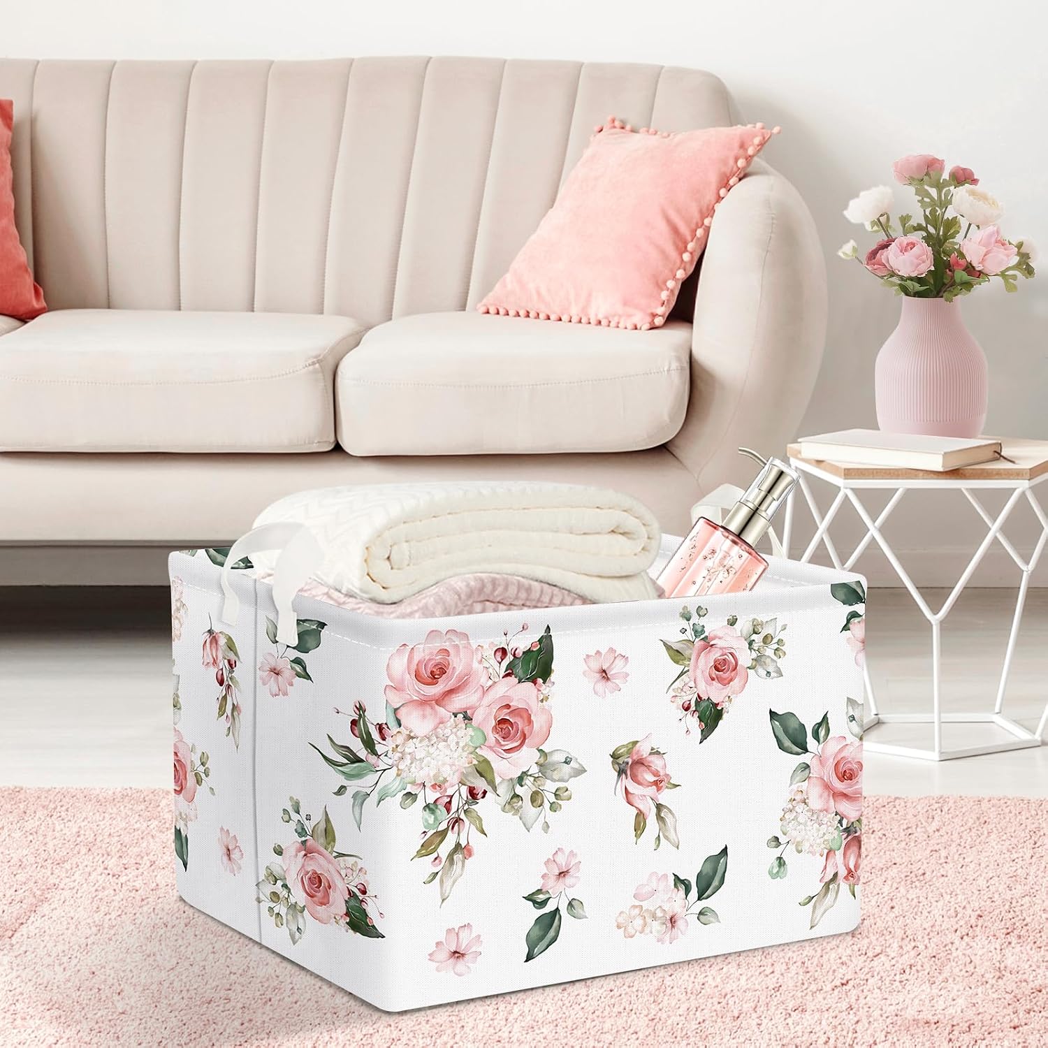 Clastyle Pink Floral Girl Gift Basket Empty Rectangle Flower Roses Storage Basket Baby Clothes Toy Books Shelf Basket, 21L