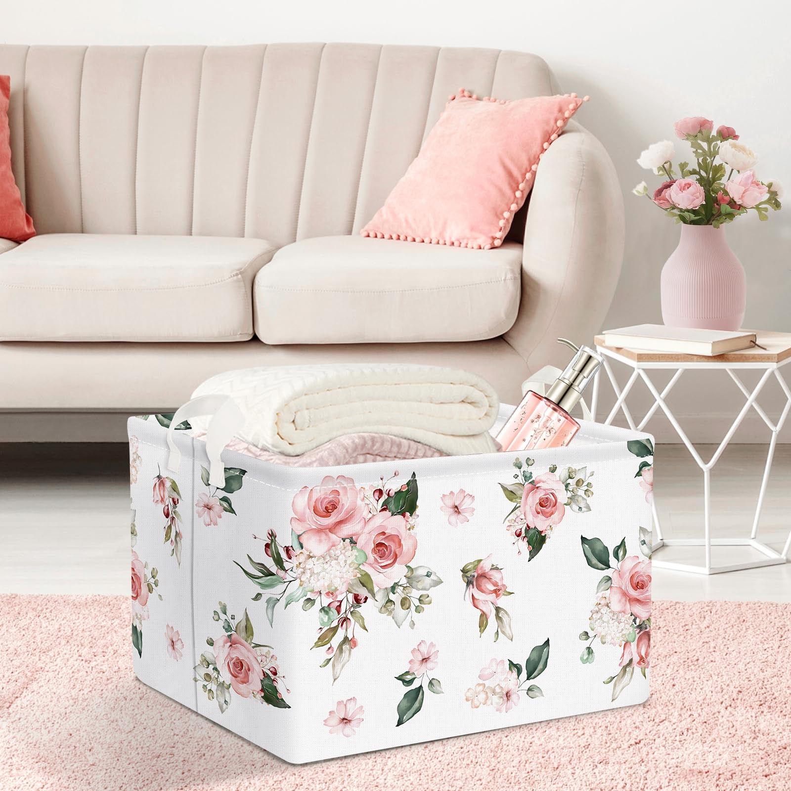 Clastyle Paniers Rangement Elégante Fleur Blanche Rose Boîtes de Rangement Cubique pour la Chambre des Enfants, 36x26x23 cm