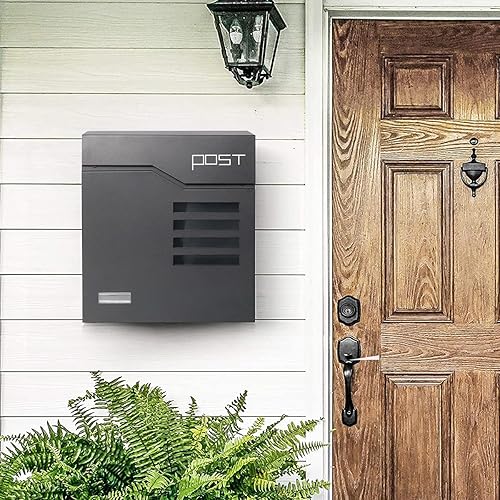 Miniatura 6 de Decaller Buzones montados en la pared con cerradura de llave, buzón grande de metal, 13 "x 13 35" x 4 15", negro